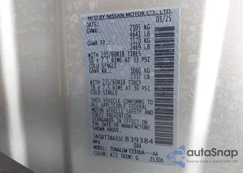 2025 Nissan Rogue Sv Fwd z USA, uszkodzony, nr VIN 5N1BT3BA1SC839384